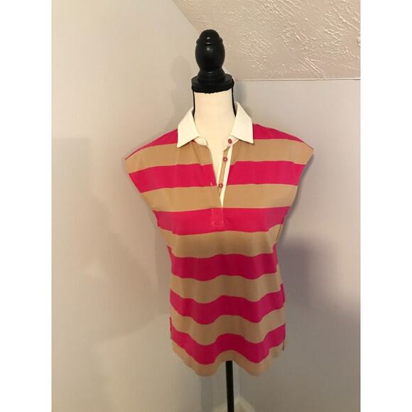 Anthropologie Maeve Women's Porter Striped Sleeveless Pink Tan Polo - Picture 2 of 10